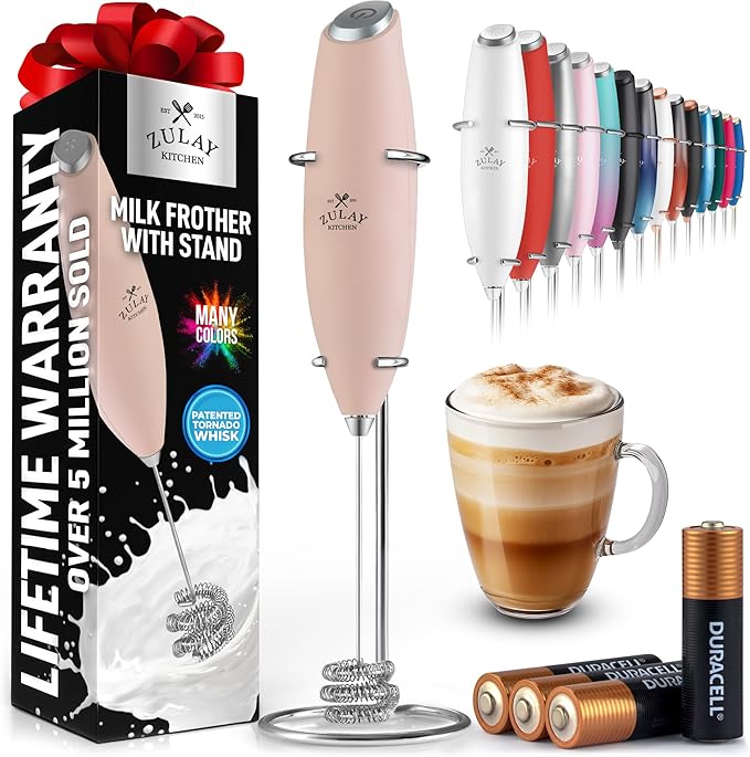 Zulay Kitchen Patented Tornado Triple Whisk Milk Frother with 4 Duracell Batteries ??Handheld Foam Maker for Coffee, Lattes, Matcha & Hot Chocolate ??Rich, Creamy Froth in Seconds