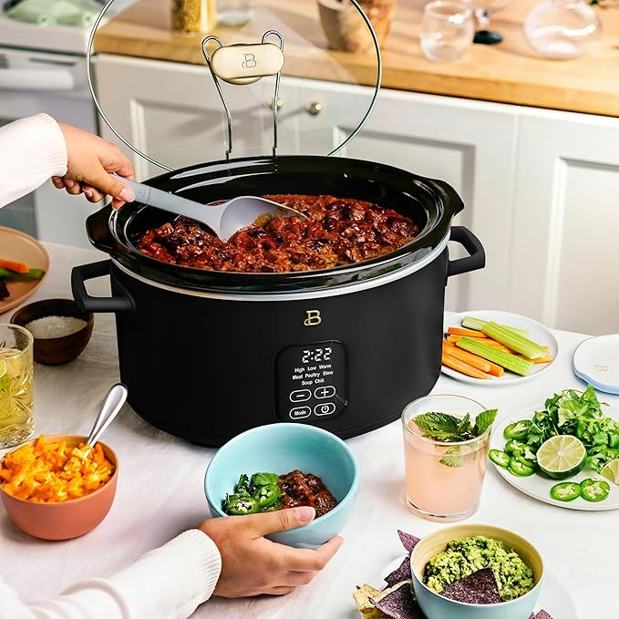 Beautiful 6 Quart Programmable Slow Cooker, 5 Cooking Presets, Digital Countdown Timer, Dishwasher Safe Parts by Drew Barrymore (Black)