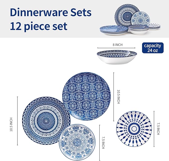 Bestone Porcelain Dinnerware Sets Service for 4, 12 pcs Hand drawn Plates and Bowls Sets, Handmade Ceramic Dish Set, Chip Resistant Modern Plate Set, Dishwasher/Microwave Safe竊똙intage Blue