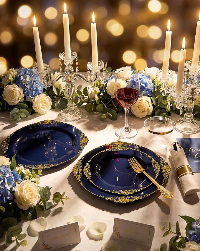 Nervure 350Pcs Blue Plastic Plates - Blue Gold Plastic Dinnerware Sets for 50 Guests - 100 Gold Disposable Plates, 50 Pre Rolled Silverware, 50 Cups Perfect for Wedding & Party & Independence