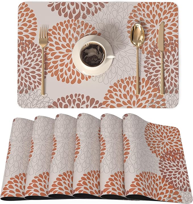 QIYI Placemats Set of 6, 12x18 Inch Faux Leather Place Mats for Kitchen Dinning, Heat Resistant Anti Slip Floral Table Mats, Waterproof Wipeable Washable Placemat Thanksgiving Table D챕cor, Brown