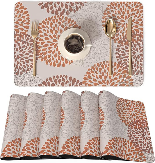 QIYI Placemats Set of 6, 12x18 Inch Faux Leather Place Mats for Kitchen Dinning, Heat Resistant Anti Slip Floral Table Mats, Waterproof Wipeable Washable Placemat Thanksgiving Table D챕cor, Brown