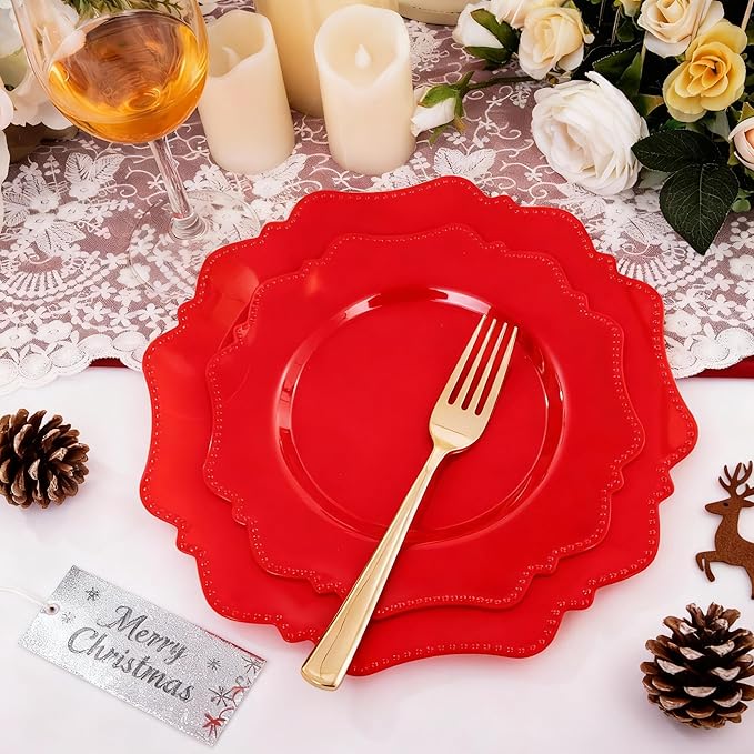 COLOSUS Disposable Plastic Plates 60Pcs, Christmas Red Plastic Party Plates, Heavy Duty 30 Dinner plate 10.5??and 30 Salad/Dessert Plate 8.25??for Christmas party dinner