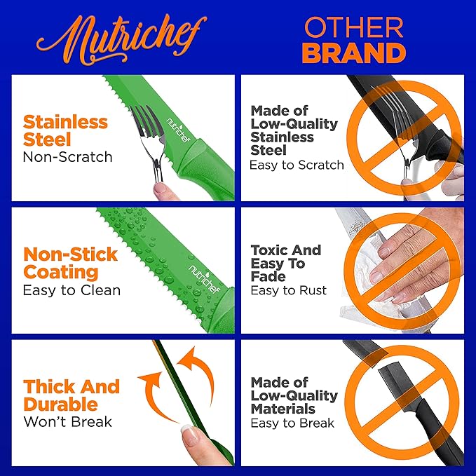 NutriChef Steak Knife Set of 8 - Premium Serrated Stainless Steel Kitchen Knife Set - Ergonomic Design, Sharp Blades, Non-Stick, & Rust-Resistant - Perfect for Home, BBQ's & Restaurants Green