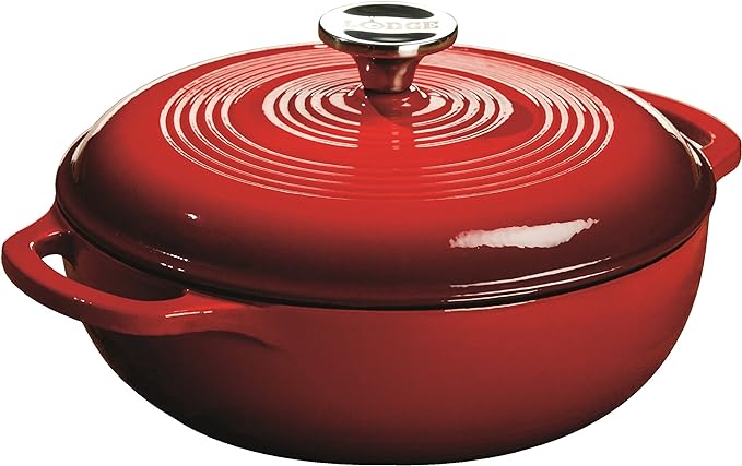 Lodge 3 Quart Enameled Cast Iron Dutch Oven with Lid ??Dual Handles ??Oven Safe up to 500째 F or on Stovetop - Use to Marinate, Cook, Bake, Refrigerate and Serve ??Island Spice Red