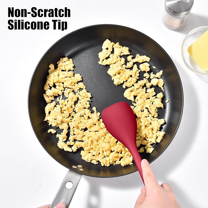 Doosu Silicone Spoon Spatula Set of 2, 600쨘F Heat-Resistant Food Grade Rubber Spoonula with Seamless Design, Non-Stick Dishwasher Safe Kitchen Utensils for Cooking, Baking, Mixing, Scraping (Red)