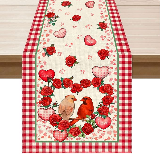 XCHI Plaid Roses Flowers Love Hearts Cardinal Valentine's Day Table Runner Table Decoration for Party Home Kitchen Dining Holiday Decor 13x36 Inch
