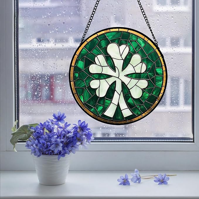Stained Glass Window Hanging Green Clover Large 15" - Suncatcher Door Garden Sun Catcher Home Ireland Decor Birthday Mother's Day St Patrick's Day Gifts for Mom Men Woman Wife Friend