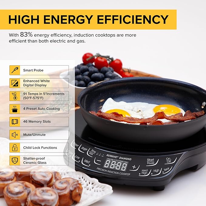 Nuwave Diamond Induction Cooktop, New & Improved Electric Burner with Probe, 91 Temps 50째F to 500째F, 6.5??Heating Coil, Shatter-Proof Ceramic Glass, 3 Wattage Settings, Ideal for Dorms, RVs & Apts