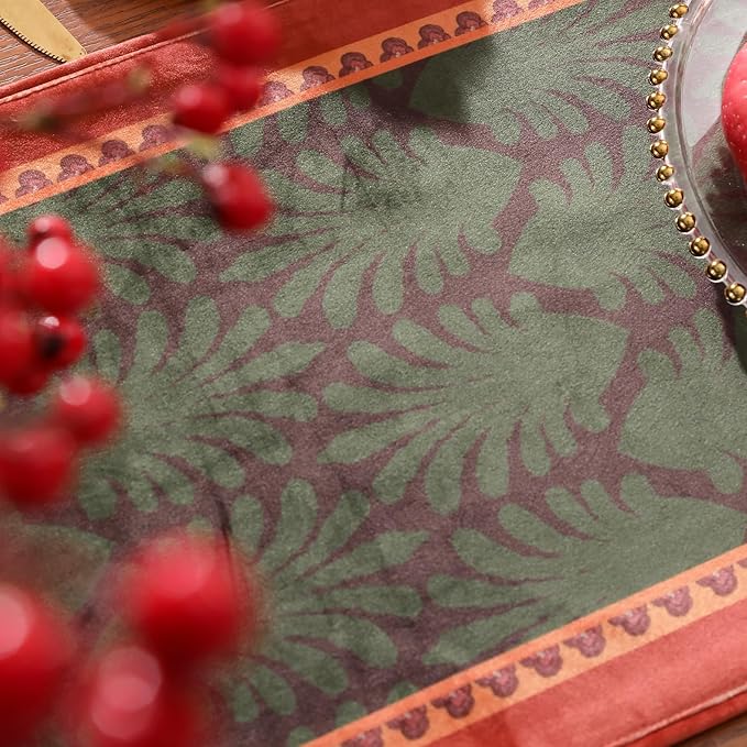 patdrea Designer Mysterious Oil Painting Figures Velvet Table Runner, Brown Green with Palm Frond Pattern Table Mat, Decoration for Kitchen Dining Coffee Table Cabinet Banquet Thanksgiving,12"*87"