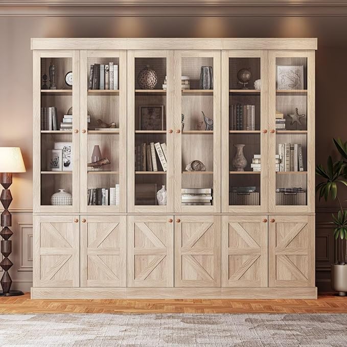 71" Tall Farmhouse Kitchen Pantry, Rustic Brown Wood Storage Cabinet with Glass Doors and Adjustable Shelves, Versatile Hutch for Dining Room, Living Room, Set of 2