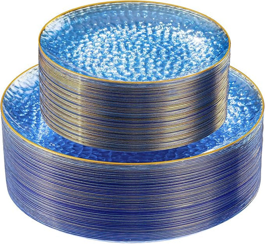 SUT 100Pcs Blue Plastic Plates, Hammered Plates Disposable Heavy Duty, Blue Disposable Plates With Gold Rim, Fancy Plastic plates Include 50 Dinner plate and 50 Dessert plates for Wedding
