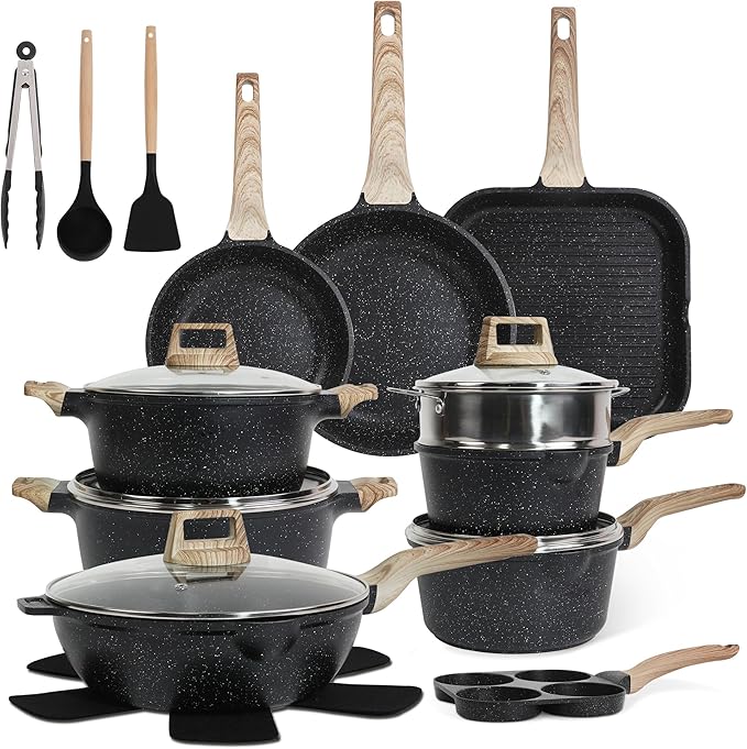 23-Piece Nonstick Pots and Pans Set ??Granite Cookware Set, PFOA-Free ??Includes Frying Pans, Saucepans, Griddle, Egg Pan ??Induction, Gas, Electric Compatible ??Black