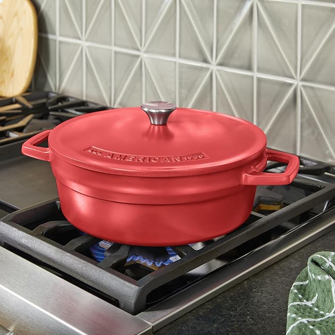 All American 1930 - Dutch Oven - The Saucier Set, Tomato Red - 5.5qt Capacity - Perfect for Sauces, Soups & Simmering - Non Stick & PFAS Free - Made in the USA