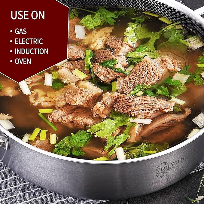 LOLYKITCH Tri-Ply Stainless Steel 10 Inch Non-Stick Saut챕 Pan with Lid,Induction Deep Cooking Pan, Dishwasher and Oven Safe