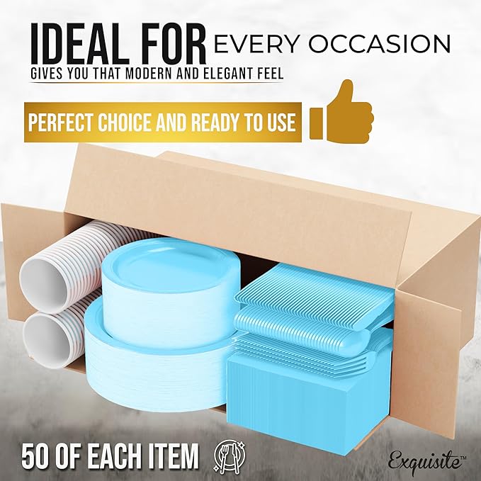 Exquisite 350 Pcs Light Blue Paper Plates For Party, Light Blue Disposable Plates Set, 50 Of Each 9" Dinner Plate Set, 7" Dessert Plate, Cups, Napkins & Cutlery Paper Dinnerware