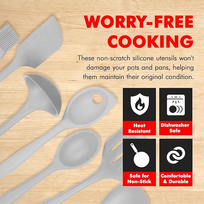 Chef Craft - Premium Silicone Kitchen Tools and Utensils Set, Non-Scratch, Withstands Temperatures up to 450째F, BPA-Free, 7 Piece Cooking Utensils Set, Gray