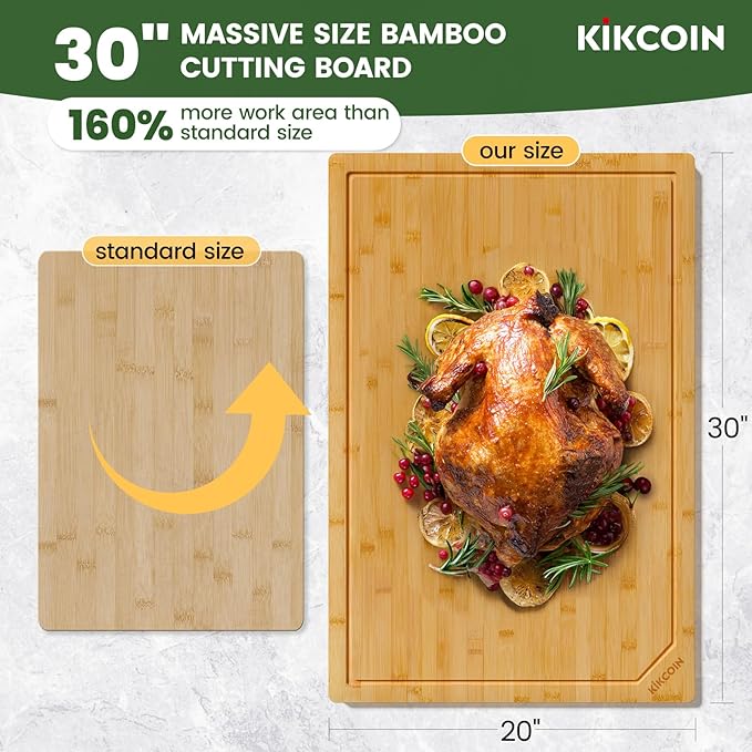 30 Inch Extra Large Bamboo Cutting Boards for Kitchen, Wood Cutting Board with Deep Juice Groove and Handle Heavy Duty Chopping board, Oversized Stove Top Cover, Kikcoin, 30" x 20"