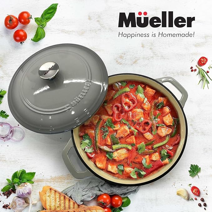 MUELLER HOME 7.5 QT Enameled Cast Iron Dutch Oven, Heavy-Duty, Oven-Safe up to 500째 F & Across All Cooktops, Casserole Dish and Braiser Pan with Lid and Stainless Knob, Grey