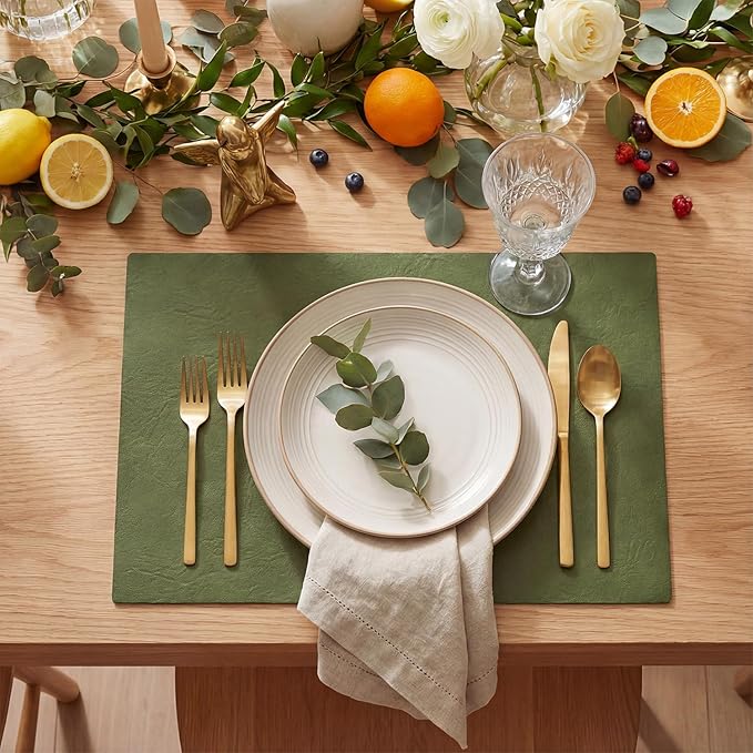 Artoid Mode Olive Green Faux Leather Placemats Set of 6, 12x18 Inch Waterproof Wipeable Heat Resistant Place Mats, Reversible Table Mats for Kitchen Dining Decor