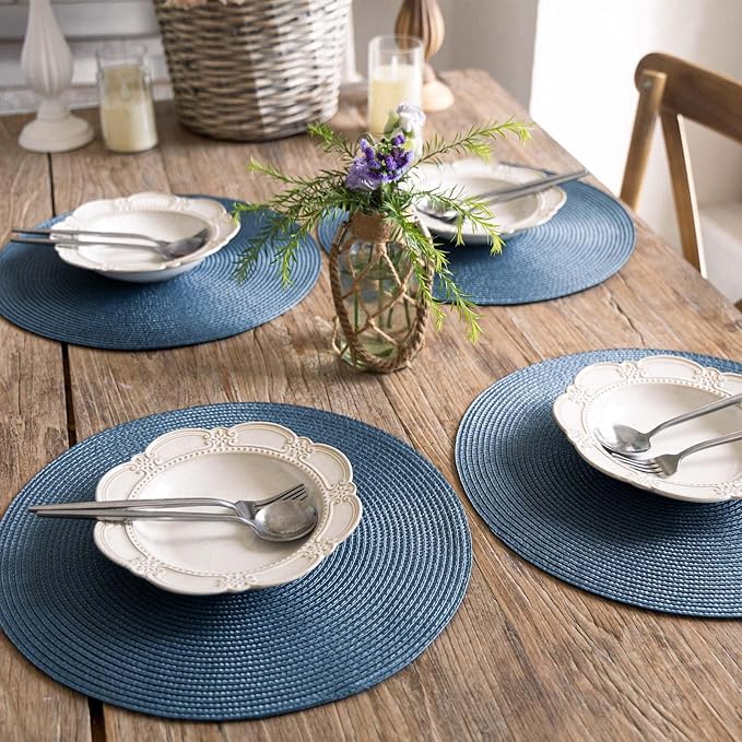 FunWheat Round Braided Placemats Set of 8 Place Mats for Dining Table Woven Washable Non-Slip Table Mats 15 Inch(Blue,8pcs)