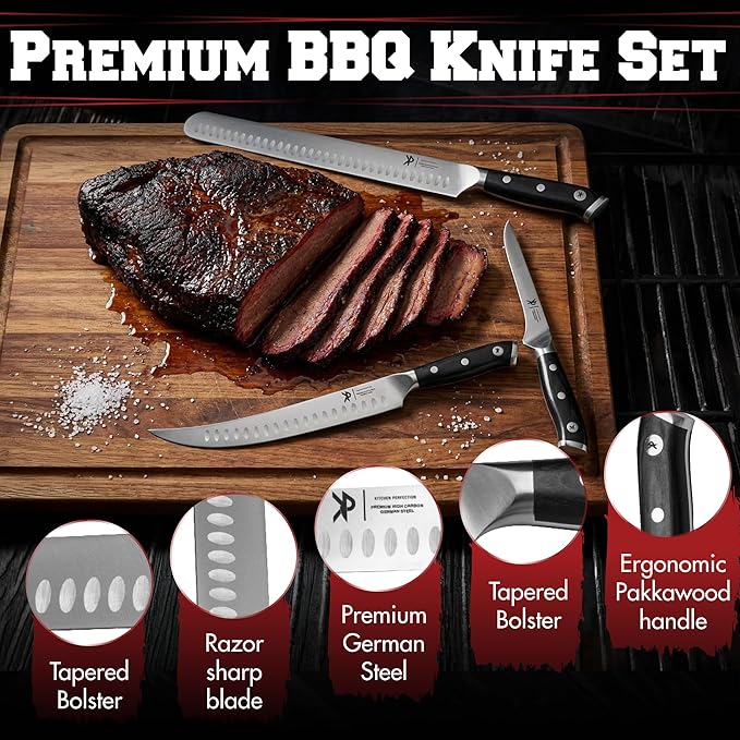 KITCHEN PERFECTION 3-Piece BBQ Slicing & Carving Meat Knife Set -12??Brisket Knife, 10??Butcher Knife, 6??Boning Knife with Sheaths -Razor Sharp German Steel,Full Tang Ergonomic Handles- Gifts for Men