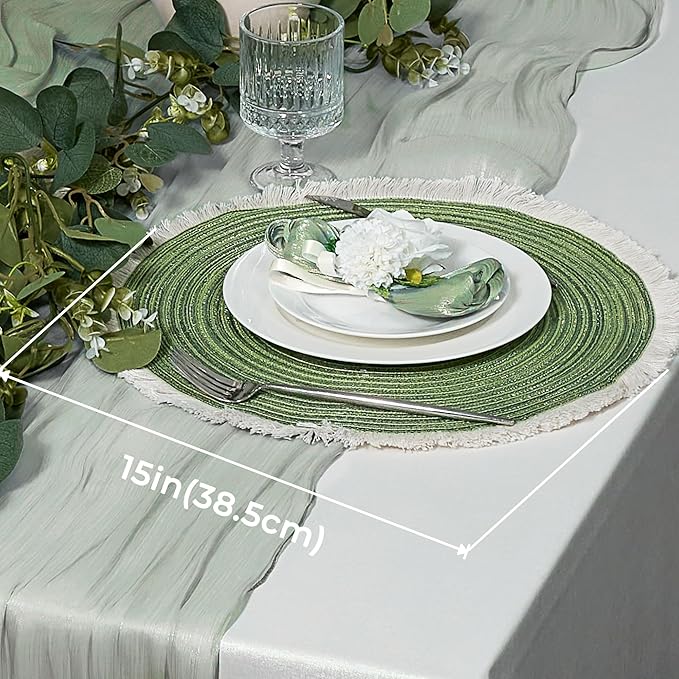 Leetaltree 15 Inch Boho Braided Christmas Placemats Set of 4 - Round Cotton Table Mats with Tassel Fringe Washable & Heat Resistant for Dining Table, Farmhouse Kitchen Decor(Green,Set of 4)