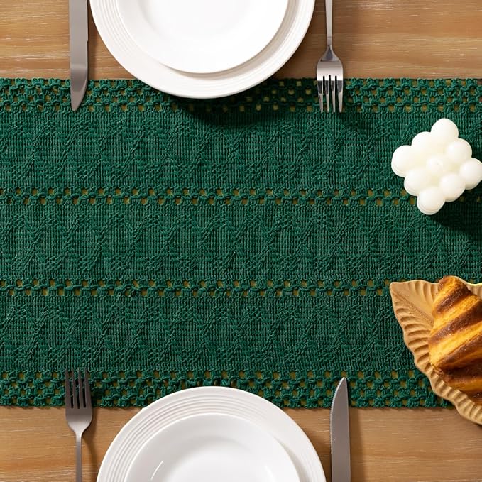 Socomi Boho Table Runner Valentine's Day Farmhouse Rustic Dining Kitchen Centerpiece Decor Small Macrame Woven Cotton Linen Coffee Table Runner for Dresser Scarf Home Decor 12x36 inch Emerald Green