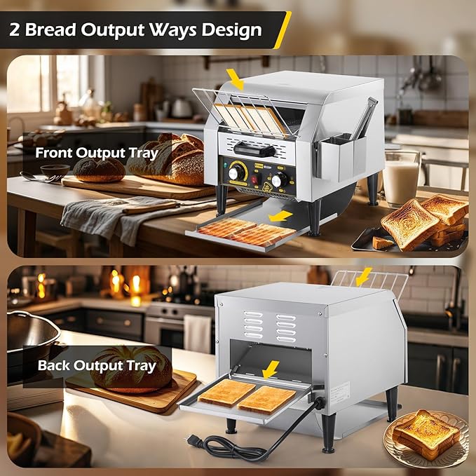 Dyna-Living Commercial Toaster 300 Slices/Hour Conveyor Toaster Commercial 1900W Heavy-duty Stainless Steel Rotating Toasters Oven Restaurant Conveyor Belt Toasters for Bun, Bagel, Bread