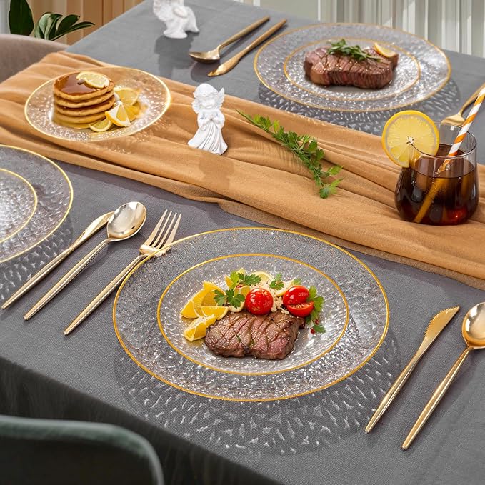Rubtlamp 100Pcs Clear Gold Plastic Plates, Gold Glitter Disposable Plates, Hammered Plastic Plates Included 50 Dinner Plate And 50 Dessert Plate for Weddings Party Birthday