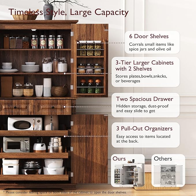 Ball & Cast 71?쿟all Farmhouse Kitchen Pantry Cabinet with 3 Pull Out Shelves & 2 Large Drawers,Versatile Pantry Storage Cabinet w/ 6 Door Shelf & Adjustable Shelves for Kitchen,Dining Room,Walnut