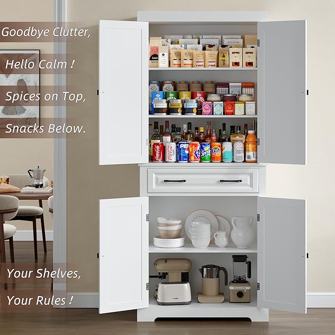 72" Tall Kitchen Pantry Cabinet, White Wooden Storage Cabinet with Drawer, Adjustable Shelves & Anti-Tip Device, Freestanding Bathroom Storage Cabinet, Pantry Cabinets for Kitchen Storage