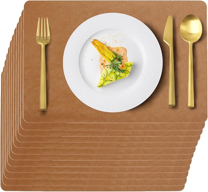 Uolr Vinyl Placemats Set of 12 Faux Leather 100% Waterproof Wipeable Washable Place Mats Heat Resistant Easy Clean Non-Slip Table Mats for Indoor Outdoor. (12, Brown)