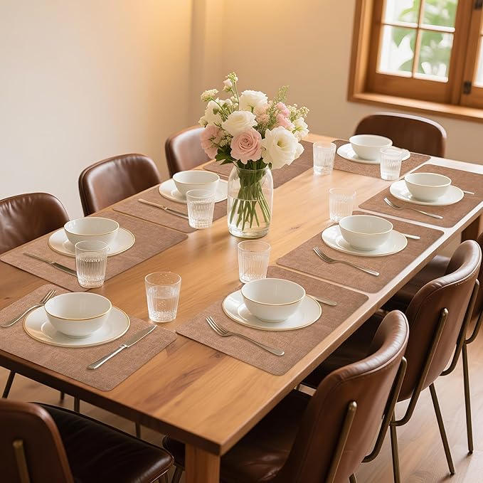 Maxpearl 8-Piece PU Leather Placemats ??Durable, Heat Resistant & Wipeable Table Mats, Non-Slip and Waterproof Dining Place Mats for Kitchen or Patio Table, 17x12 Inches, Brown