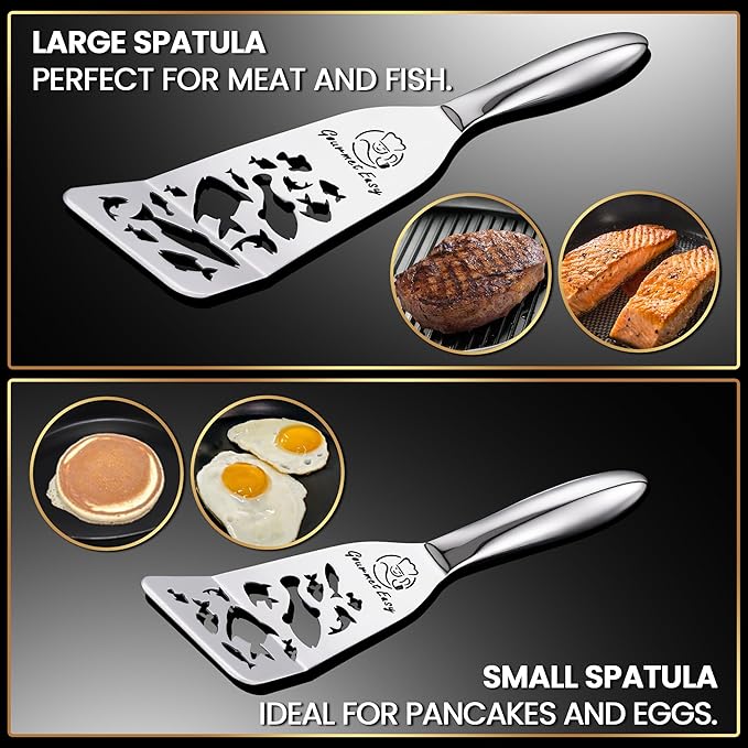 Stainless Steel Fish Spatula Set ??Funky Fish Edition, 1 Large Fish Turner + 1 Small Metal Spatula, Ultra Thin Edge for Easy Turning & Flipping, Ergonomic Non-Slip Handle, Dishwasher Safe