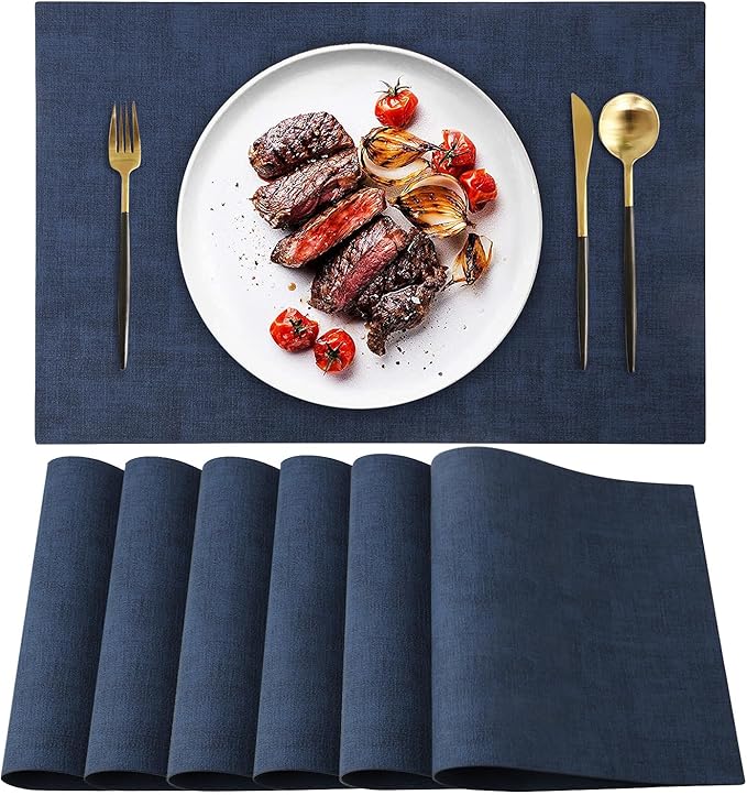 LANDVIEW Leather Heat Resistant Placemats Set of 6 Waterproof Wipeable Washable PU Table Mats,Easy to Clean Anti-Slip Place Mats (Navy Blue, 6)