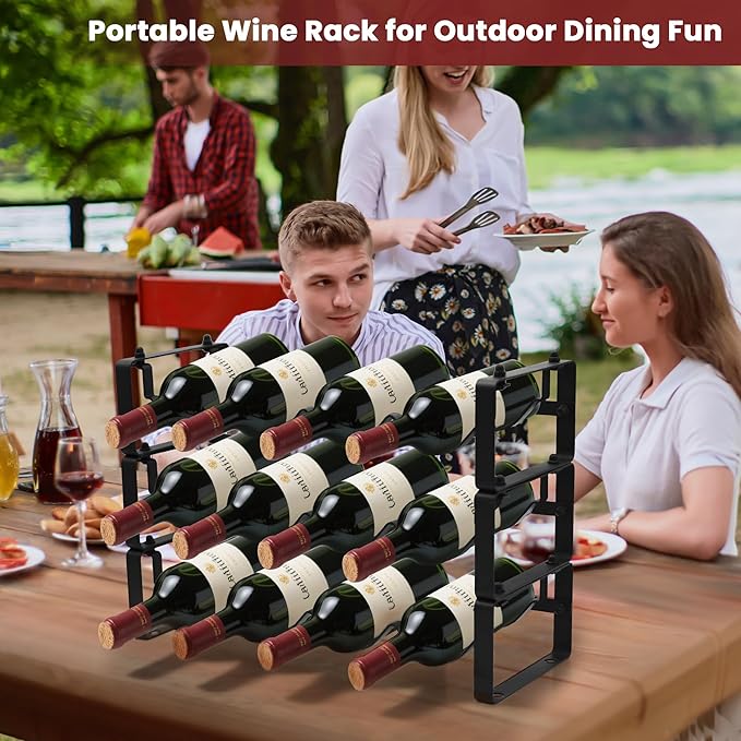 Black Wine Rack for 12 Bottles ??Stackable & Expandable Metal Wine Bottle Holder for Bar Counter, Cabinet, Pantry, or Small Spaces ??Modern Freestanding Wine Storage Shelf (3 Tier, Black)