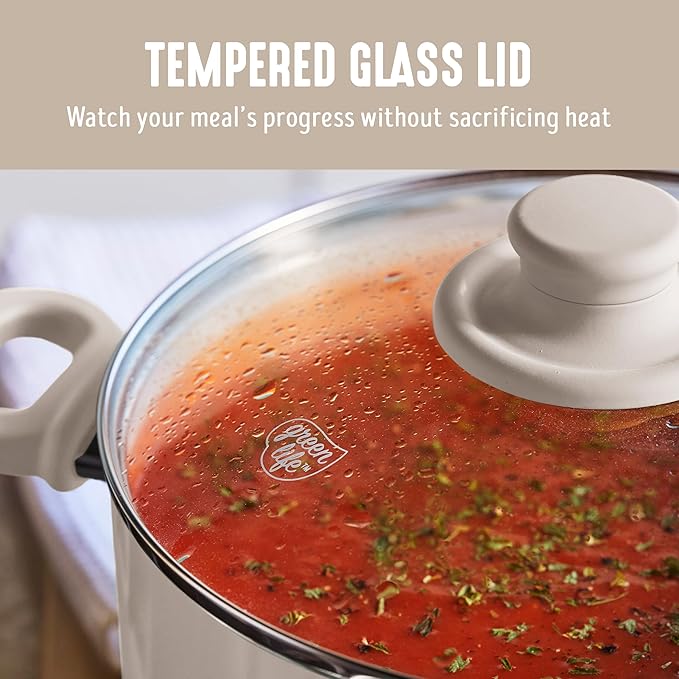 GreenLife 6QT Ceramic Nonstick Stockpot with Glass Straining Lid, PFAS-Free, Dishwasher Safe, Stay-Cool Handles, Oven Safe to 350째F, Wobble-Free Base, Even Heating, Taupe