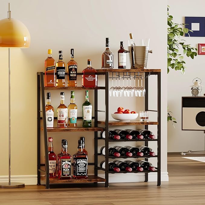 Homeiju Liquor Cabinet Bar for Home Bar, 3 Tier Wine Rack Freestanding Floor with Glass Holder and Fences, Trapezoidal Liquor Bottle Display Shelf for Liquor Whiskey Wine, Brown