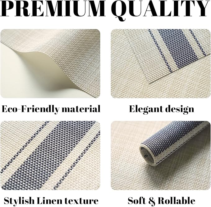 SUMYMERY Placemats Set of 6 Vinyl/Plastic Woven Place Mats for Kitchen Table Indoor/Outdoor Washable Placemat Wipeable Dining Table Mats (Khaki Blue,6)