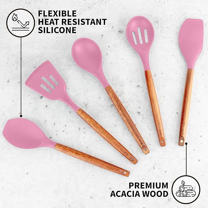 Zulay Kitchen Non-Stick Cooking Utensils Set with Authentic Acacia Wood Handles ??5-Piece Durable & Stylish Silicone Kitchen Utensils Set ??Heat Resistant to 464째F ??Pink