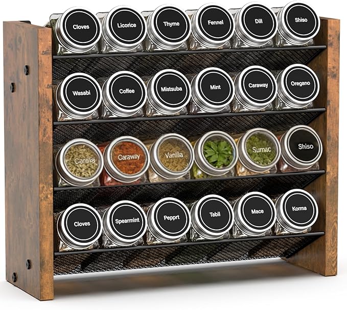 NESAPTO Spice Rack Organizer for Cabinet, Wooden 4 Tier Vertical Seasoning Organizers for Kitchen Pantry, Countertop/Wall Mount, Holds 24 Spice Jars (No Jars Included),12.2" W 횞 9.4" H