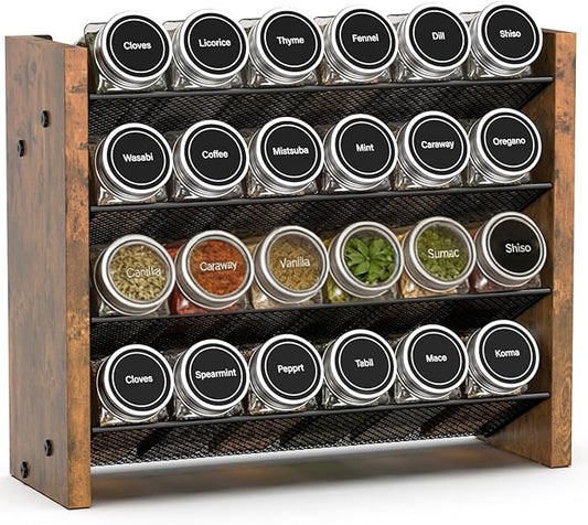 NESAPTO Spice Rack Organizer for Cabinet, Wooden 4 Tier Vertical Seasoning Organizers for Kitchen Pantry, Countertop/Wall Mount, Holds 24 Spice Jars (No Jars Included),12.2" W 횞 9.4" H
