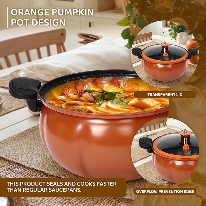 8l/2.11gal stainless steel pressure cooker,ollas de presi처n para cocinar,Non-Stick Pumpkin Shaped Soup Pot, Multi-Function Micro Pressure Cooker,Anti-Explosion Safe,Heat-Resistant & Anti-Scald