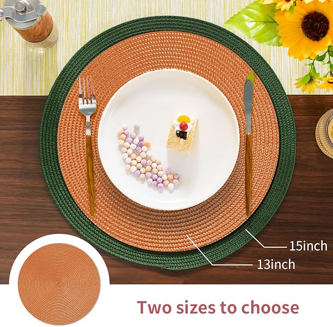FunWheat Round Braided Placemats Set of 8 Place Mats for Dining Tables Woven Washable Non-Slip Table mats Small 13 inch(S Dark Orange, 8pcs)
