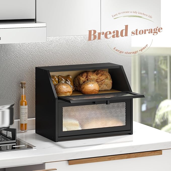 Bread Box for Kitchen Countertop Bin Double Layer Bread Box Storage Container Extra Large Capacity Farmhouse with Diamond Pattern Windows (Black, Large)
