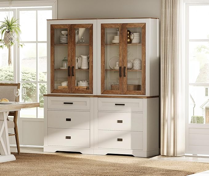 WAMPAT 2 Column 3 Tier Pantry Cabinet with Drawer,73.3" Tall Floor Standing Cupboard,Modern Farmhouse Kitchen Buffet with Adjustable Shelves and Glass Door for Dining Room,Living Room,White Oak