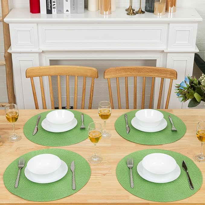 Winknowl Round Braided Placemats Set of 6 Washable Woven Heat Resistant Table Mats for Kitchen Dining Tables 15 inch Round Place Mats (Grass Green,6pcs)