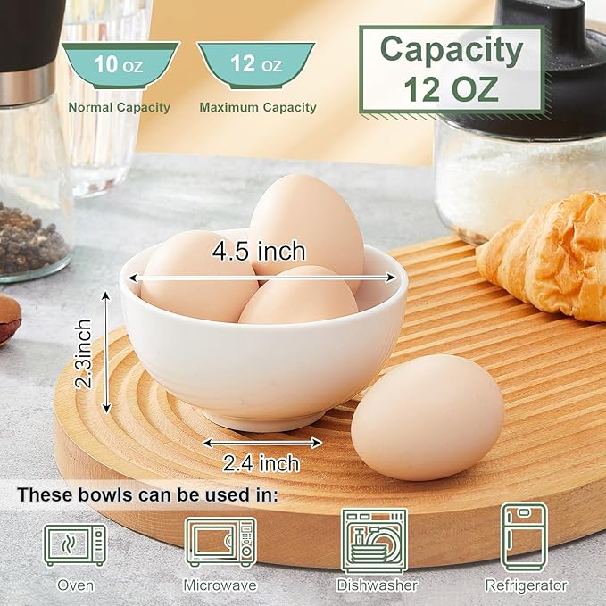 AntoKueh White 4.5in Small Ceramic Bowls 12 OZ, Cereal Bowls Set of 12 for Dessert, Rice, Family dressfamily gatherings, hosting dinner parties, bone china