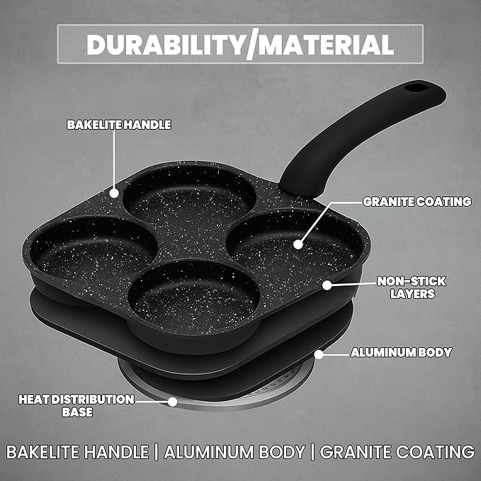 4-Hole Non-Stick Breakfast Frying Pan with Handle ??Aluminum Skillet for Eggs, Pancakes, Omelets & Burgers ??Compatible with Gas & Induction Stoves